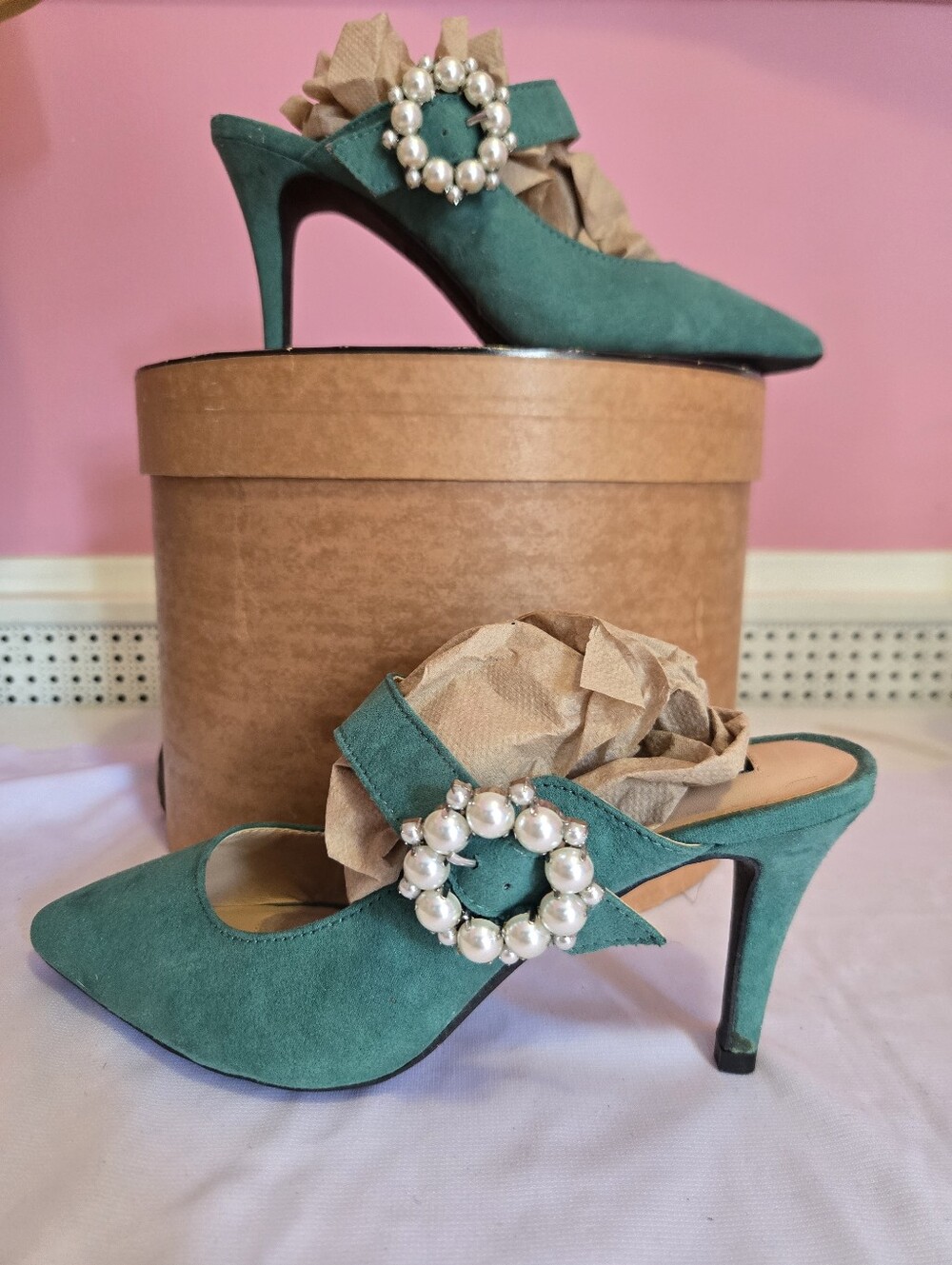Jones New York Teal Suede Pearl Buckle Mules